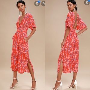 Coral red floral print backless jumpsuit